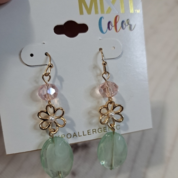 Mixit Gold Tone and Pink Flower Dainty Earrings - Picture 2 of 3